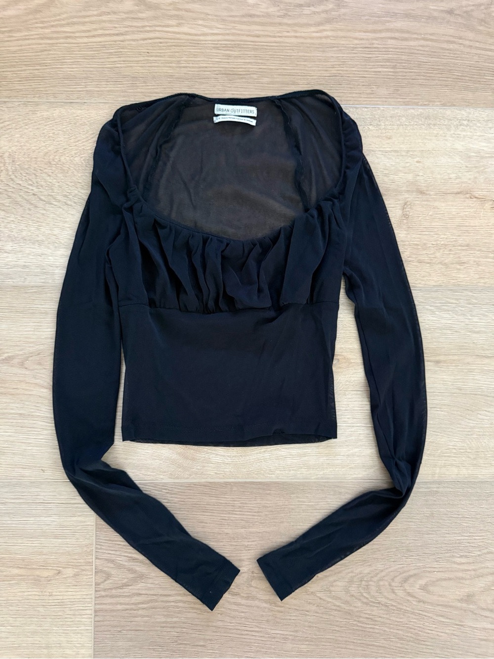 Urban Outfitters Black Mesh Square Neck Ruffle Long Sleeve Top Size Small